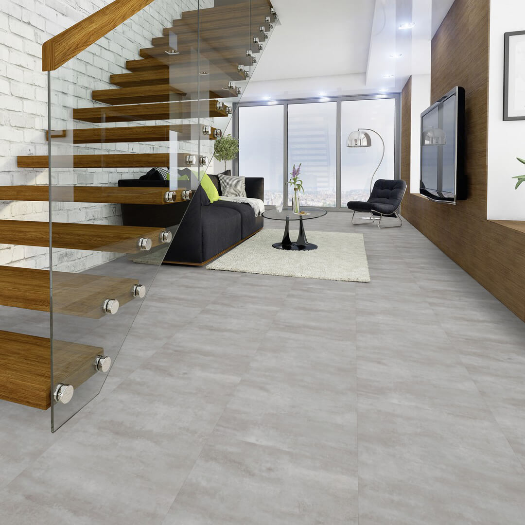 Vinylboden in Fliesenoptik – hochwertiges Klick-Vinyl der EleganceLock-Serie Brüssel in grau, modern, pflegeleicht und wasserdicht, erhältlich bei vinylshop24