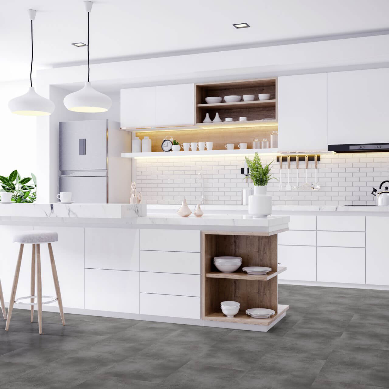 Vinylboden in Fliesen- und Marmoroptik, Klebevinyl Frankfurt aus der Adhera Premium Kollektion, modern und pflegeleicht, erhältlich bei Vinylshop24