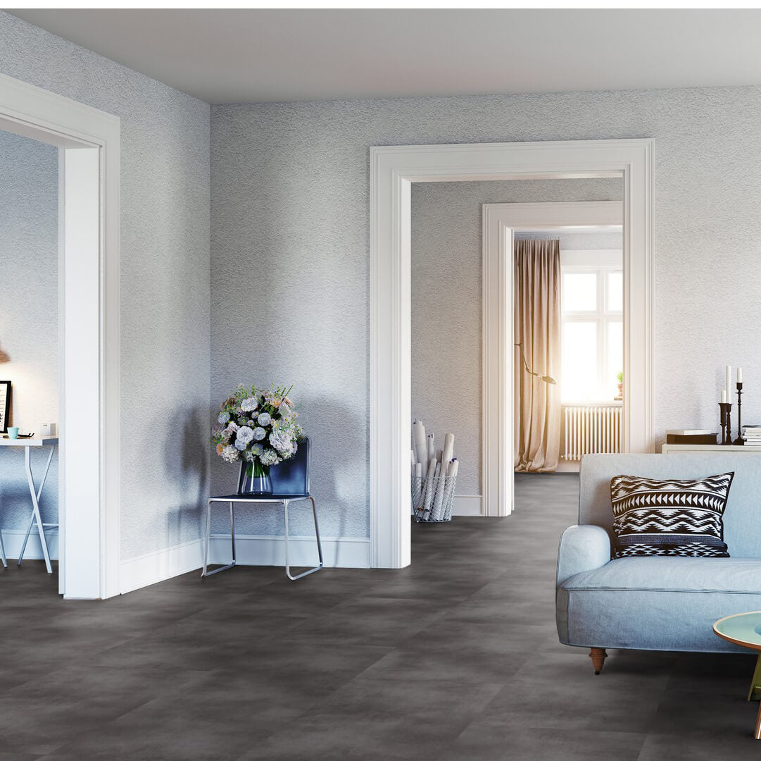 Vinylboden in Fliesen- und Marmoroptik, Klebevinyl Frankfurt aus der Adhera Premium Kollektion, modern und pflegeleicht, erhältlich bei Vinylshop24