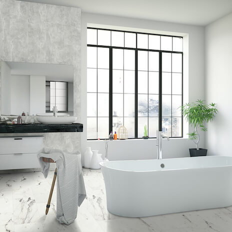 Laminat Fliesen- Stein- und Marmoroptik Worms in weiß. Laminatboden bei Vinylshop24. Einfache Verlegung, robust & pflegeleicht. 