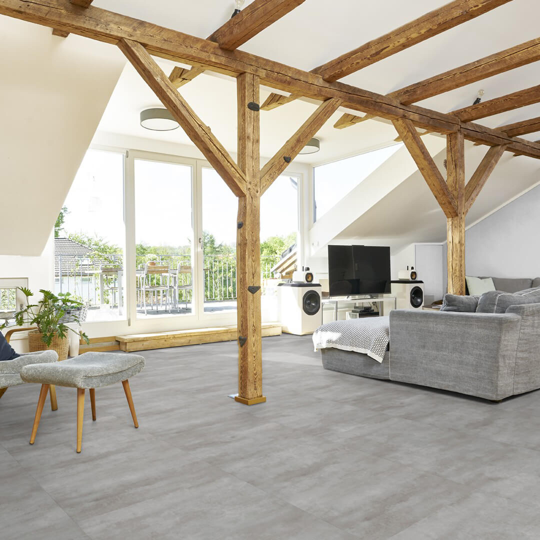 Vinylboden in Fliesenoptik – hochwertiges Klick-Vinyl der EleganceLock-Serie Brüssel in grau, modern, pflegeleicht und wasserdicht, erhältlich bei vinylshop24