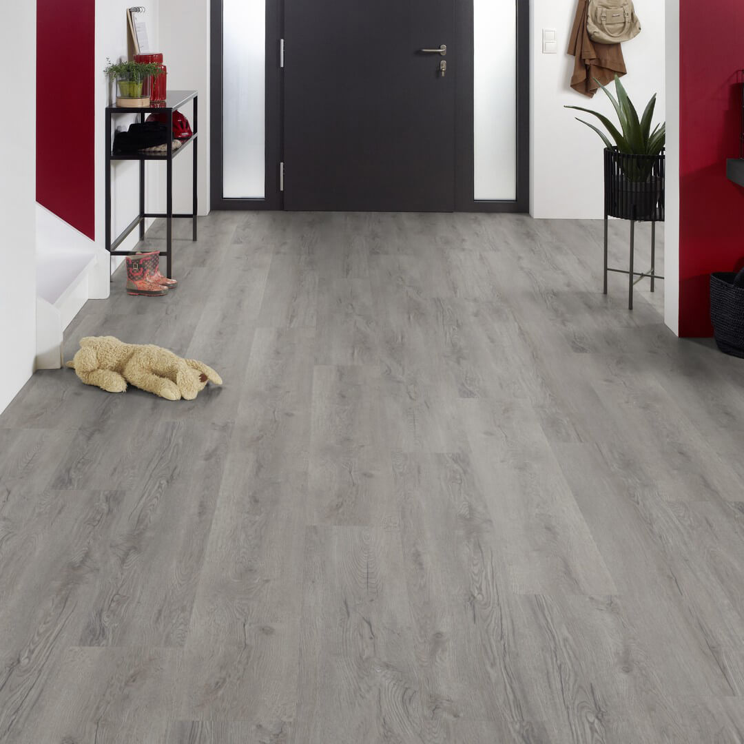 Vinylboden in Holzoptik – elegantes Klick-Vinyl der EleganceLock-Serie Madrid im grauen Landhausdielen-Design, modern und wasserdicht, erhältlich bei vinylshop24