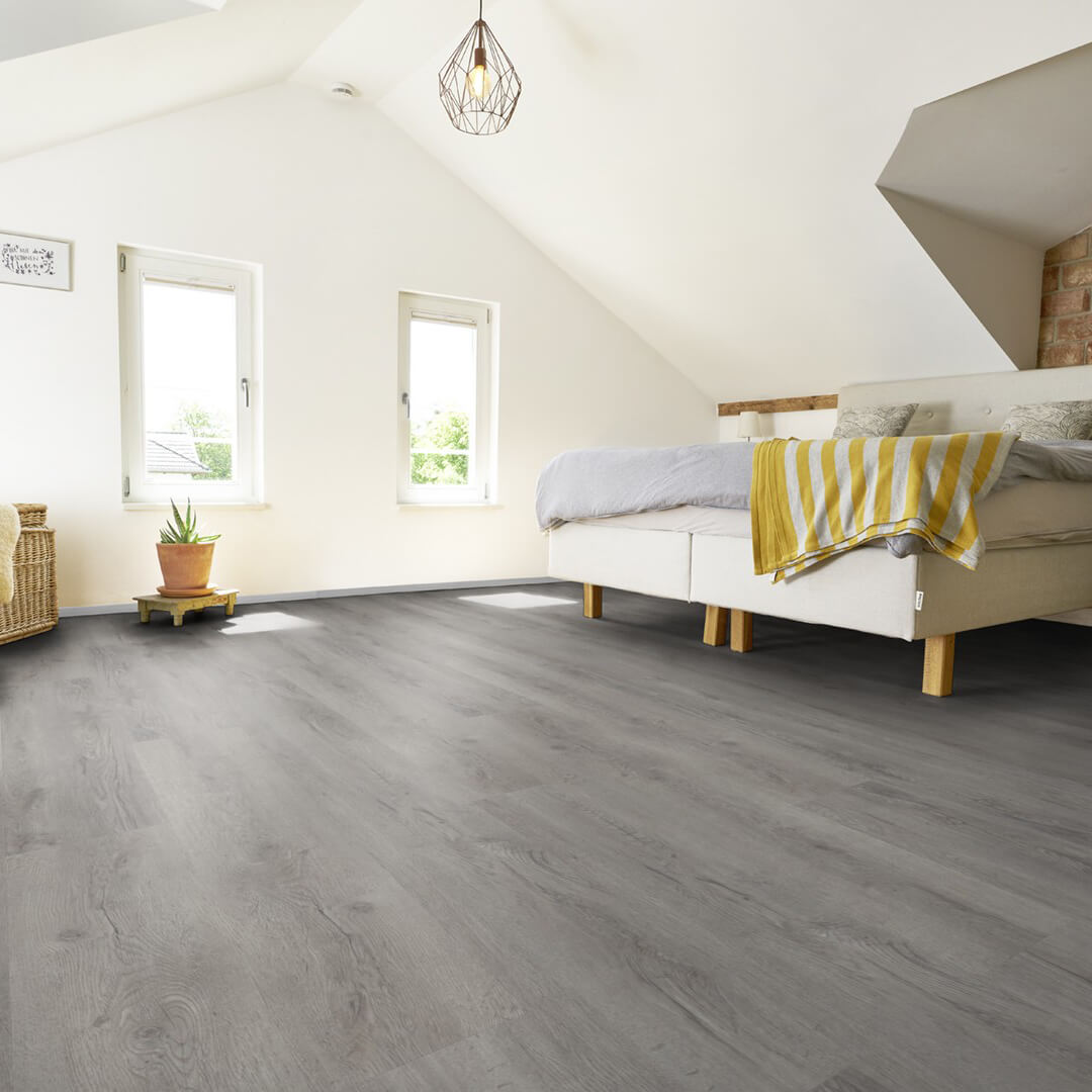 Vinylboden in Holzoptik – elegantes Klick-Vinyl der EleganceLock-Serie Madrid im grauen Landhausdielen-Design, modern und wasserdicht, erhältlich bei vinylshop24