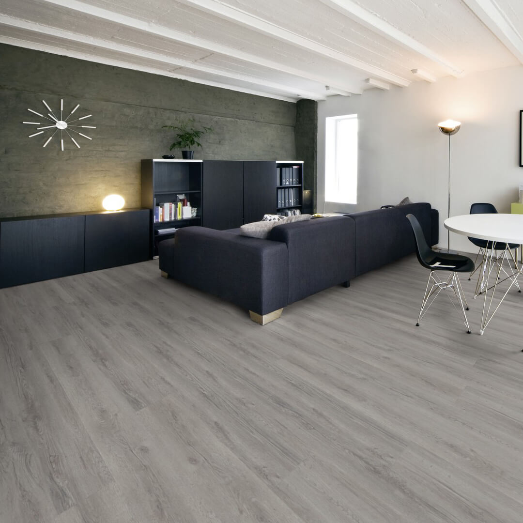 Vinylboden in Holzoptik – elegantes Klick-Vinyl der EleganceLock-Serie Madrid im grauen Landhausdielen-Design, modern und wasserdicht, erhältlich bei vinylshop24