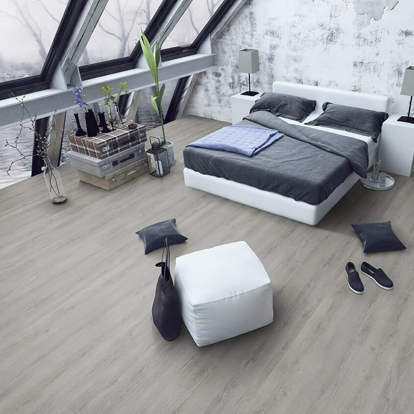 Vinylboden in Holzoptik – elegantes Klick-Vinyl der EleganceLock-Serie Madrid im grauen Landhausdielen-Design, modern und wasserdicht, erhältlich bei vinylshop24